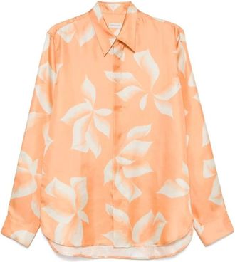 Dries Van Noten Overhemden, Heren, Oranje, S, Bloemenprint Overhemd met Knoopsluiting