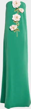 Lela Rose Peony Embroidered Strapless Crepe Gown