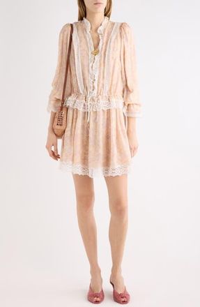 Chlo&eacute; Floral Long Sleeve Silk Charmeuse & Lace Minidress in Multicolor Pink 1 at Nordstrom, Size 38