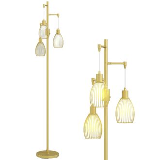 HOMCOM Industrial 3-Light Floor Lamp Dimmable Standing Lamp - Gold | TJ Hughes