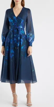 Ever New Kahlani Floral Print Long Sleeve Midi Dress in Navy Fontaine Floral at Nordstrom Rack, Size 2