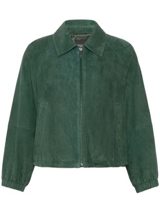 Weekend Cropped Deep Green Suede-like Jacket with Classic Collar and Puff Sleeves