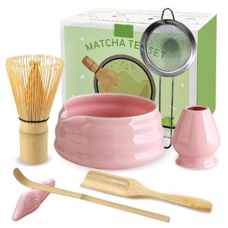 OEM Kit De 5 Piezas Para Preparar Matcha: Batidor De Bamb&uacute;, Cuenco Con Boquilla, Regalo Para La Ceremonia Del Matcha, Color Rosa