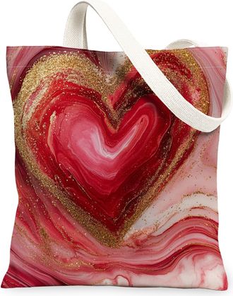 Generic Heart Marble Canvas Tote Bags, Abstract Art Design Reusable Shopping Bags, Stylish Washable Shoulder Strap for Travel Beach Picnic 13x15 Inch