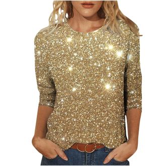 Generic Womens Blouses & Shirts, Sparkly Tops for Women UK 3/4 Sleeve Top Sequin Glitter Graphics Print Tunic Trendy Casual Evening Party Going Out T-Shirt Pu