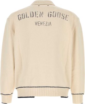 Golden Goose Mens Knit Polo Sweater White Cotton Polyester