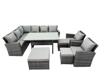 Fimous 11 Seat Rattan High Back Corner Sofa Set with 3 Stools 2 Chair in Dark Grey