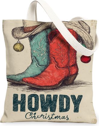 Generic Howdy Christmas Canvas Tote Bags, Cowboy Boot Design Reusable Grocery Bags, Holiday Rustic Lightweight Washable Shoulder St, Red, 13x15 Inch