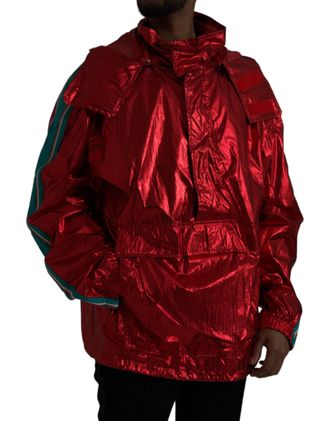 Dolce & Gabbana Mens Red Nylon Hooded Pullover Sweatshirt Jacket Clothing