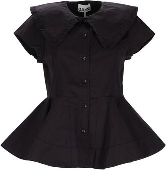 Ganni Black Solid Shirt Collar Top