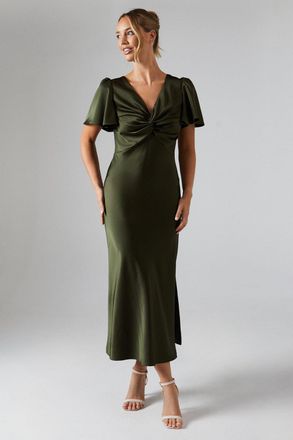 Oasis Womens Satin Twist Front Angel Sleeve Midi Bridesmaids Dress - Green - Size 14 UK