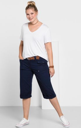 Sheego 3/4-Hose SHEEGO, Damen, Gr. 44, Normalgr&ouml;ssen, blau (marine), 97% Baumwolle, 3% Elasthan, unifarben, Hosen 3/4-Hose