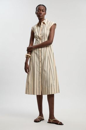 Karen Millen Womens Petite Mono Stripe Cotton Top Stitch Woven Midi Shirt Dress - Multicolour - Size 12 UK