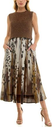 Socialite Mixed Media Pleated Midi Dress in Brown/Tan at Nordstrom, Size X-Large