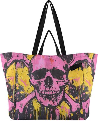 Generic Bone Skull Pink pattern Reusable Canvas Tote Bag, Heavy Duty Grocery Shopping Bag with Hard Bottom Large Capacity Double Handles Work Groceries Travel
