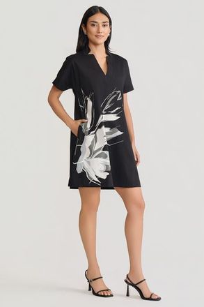 Ming Wang Relaxed A-Line Floral Printed Stretch Cotton Dress in Black/white at Nordstrom, Size Medium