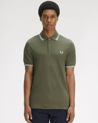 Fred Perry Mens Signature Laurel Wreath Green/Ecru/Dusky Blue Polo Shirt in Dark Green Cotton - Size X-Large