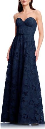 Dress The Population Pierson Floral Lace Belted Strapless Gown in Navy at Nordstrom, Size Xx-Small