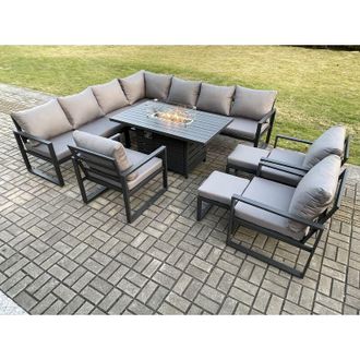 Fimous Fimous Aluminium 12 Seater Garden Furniture Outdoor Set Patio Lounge Sofa Gas Fire Pit Dining Table Set with 3 Chairs 2 Small Footstools Dark Grey