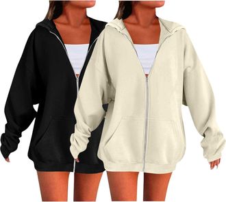 Generic 2 Piece Hoodies For Women Uk Oversized Solid Color Sweatshirts For Women Uk Ladies Zip Up Plain Hoodies Cardigans Tops Long Sleeves Casual Fashion Loo