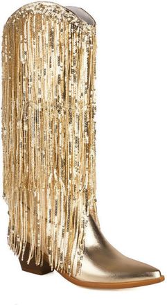 Generic Womens Pointed Toe Tassel Long Boots Pull on Knee High Boots Chunky High Heel Western Cowboy Boot,Gold,9.5 UK