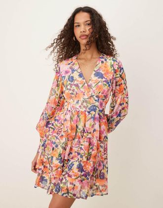 Vila tiered mini dress in multi floral print