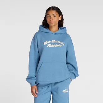 New Balance Mujer Linear Heritage Fleece Long Hoodie en Azul, Vell&oacute;n de algod&oacute;n, Talla XS