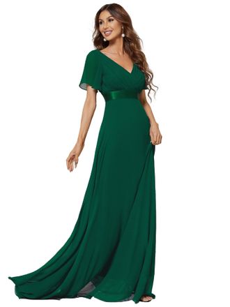 Ever-pretty Womens Double V-Neck Short Flutter Sleeves Empire Waist Elegant Chiffon Long Evening Dresses Dark Green 6UK