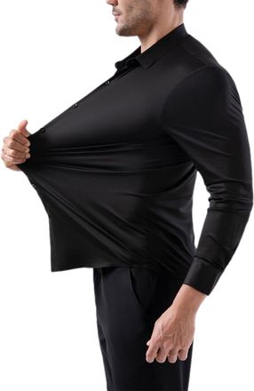 Generic Muscle Fit Long Sleeve Dress Shirt for Men, Stretch Solid Non-Iron Anti-Wrinkle Shirts, Lapel Elastic Blouse Business Tops (Black,S)