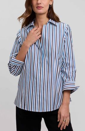 Foxcroft Taylor Stripe Cotton Button-Up Shirt in Indigo Blue/multi at Nordstrom, Size 14