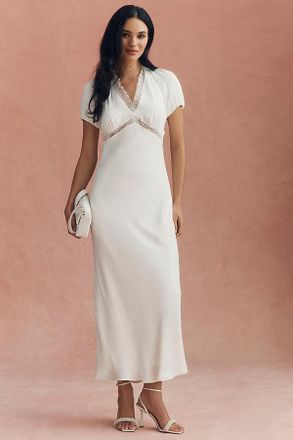 BHLDN Satin Lace-Trimmed Short-Sleeve V-Neck Slip Dress