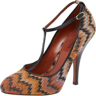 Missoni Black/orange Fabric And Leather Ankle T-Strap Pumps