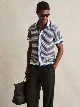 Reiss White & navy Oe Geometric-print Cuban-collar Shirt, XL