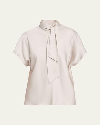 Brunello Cucinelli Fluid Silk Satin Top with Scarf Collar