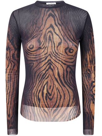 Jean Paul Gaultier Womens Mesh Long Sleeves Top Printed Wood - Brown Nylon - Size X-Small