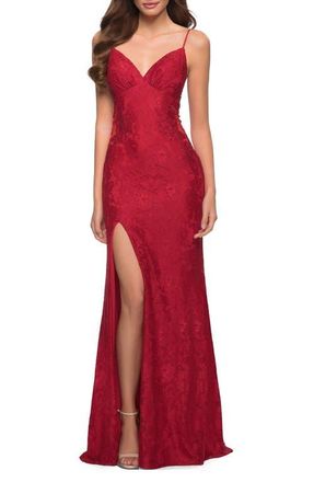 La Femme Sleek Lace Long Dress with Sheer Sides and Open Back in Red at Nordstrom, Size 00