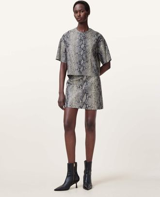 AllSaints Womens Suede Renai Foil Snake Print Suede T-Shirt, Size: UK 16/US 12