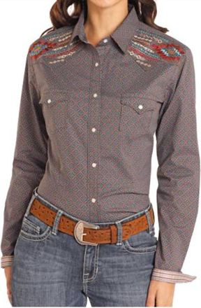 Panhandle Roughstock Long Sleeve Western Snap Shirt In Brown & Blue Print