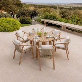 Sklum Set De Mesa Redonda &Oslash;120 Cm Y 6 Sillas De Jard&iacute;n Con Reposabrazos En Madera De Acacia Dubai Sklum