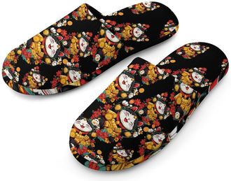 Generic Lucky Funny Cat Flannel Mens Slip-on Slippers Winter Warm House Shoes with Rubber Sole for Home Hotel