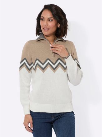 Casual Looks Troyer CASUAL LOOKS Pullover, Damen, Gr. 48, beige (sesam, ecru, gemustert), 100% Baumwolle, gemustert, mehrfarbig, Pullover Troyer