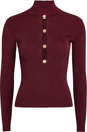 Self Portrait Keyhole Ribbed Stretch-knit top - Burgundy - S (UK8-10 / S)