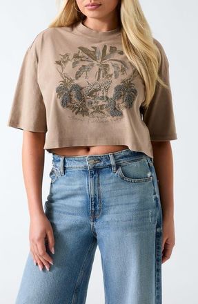 Guess Beaded Jungle Resort Crop T-Shirt in Taupe Multi at Nordstrom, Size Large