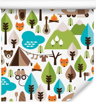 OEM Carta Da Parati Con Alberi, Montagne Verdi E Volpi Per Soggiorno E Camera Da Letto, 50x1000 Cm