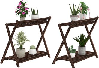 OUTSUNNY Set 2 Porta Fiori 2 Livelli A Doghe In Legno Di Abete Marrone Bruciato