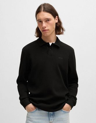 HUGO BOSS Mens BOSS Orange Petempestolong Mens Cotton-Blend Polo Shirt with Waffle Structure - Black 001 - Size: 40