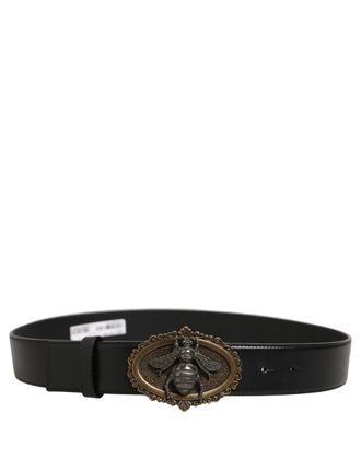 Dolce & Gabbana Black Leather Bee Accent Metal Buckle Mens Belt