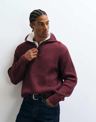 Selected maglione lavorato a maglia 100% cotone con collo alto e zip 1/4 bordeaux-Rosso