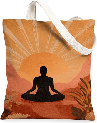 Generic Meditative Sunset Canvas Tote Bags, Vintage Plant Design Reusable Grocery Bags, Lightweight Washable Shoulder Strap Canvas, Orange, 13x15 Inch