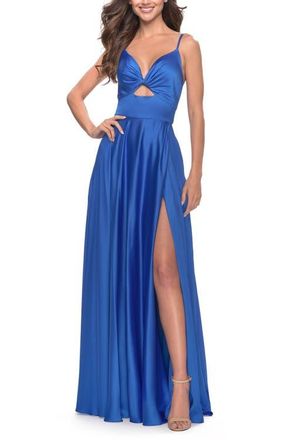 La Femme Satin A-Line Gown with Cut Out and Twist Bodice in Royal Blue at Nordstrom, Size 00